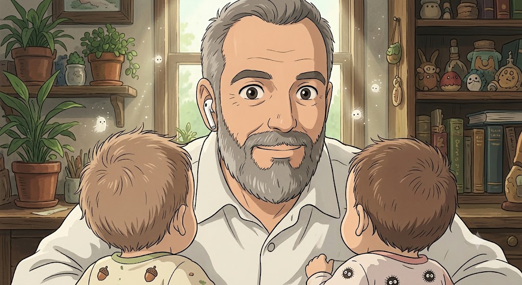 Stylized illustration of a father with twin babies in his arms and an AirPod in one ear