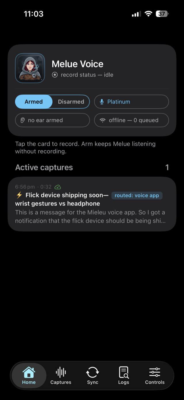 Melue voice app home screen: armed for capture, with one active capture routed to a specialist desk